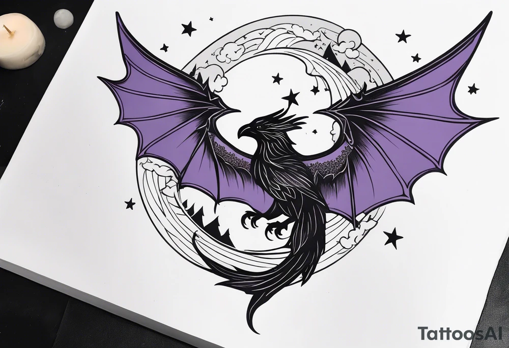 a fantasy book. a flying dragon. A pawn. a cluster of lavender. a sword with a bee. A raven. Stars and crescent moon with mountains tattoo idea