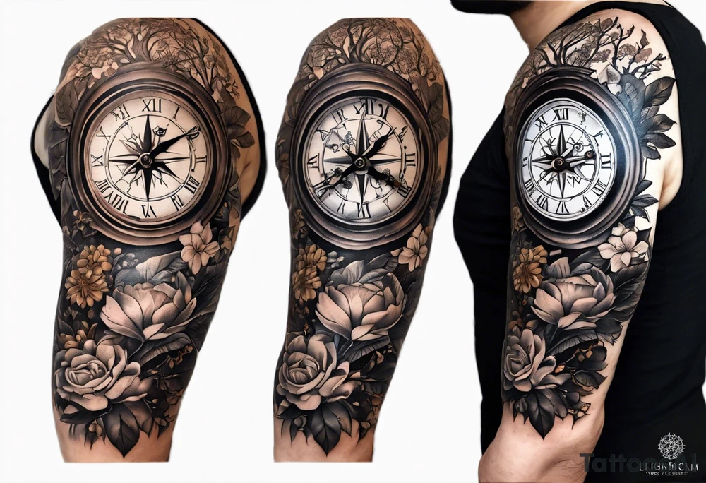 combination of a nautical compass and a old school clock face, and a doctor bird and tree of life and decorated with lignum vitae flowers, 3/4 sleeve on arm, flowing down the arem tattoo idea