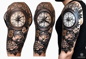 combination of a nautical compass and a old school clock face, and a doctor bird and tree of life and decorated with lignum vitae flowers, 3/4 sleeve on arm, flowing down the arem tattoo idea
