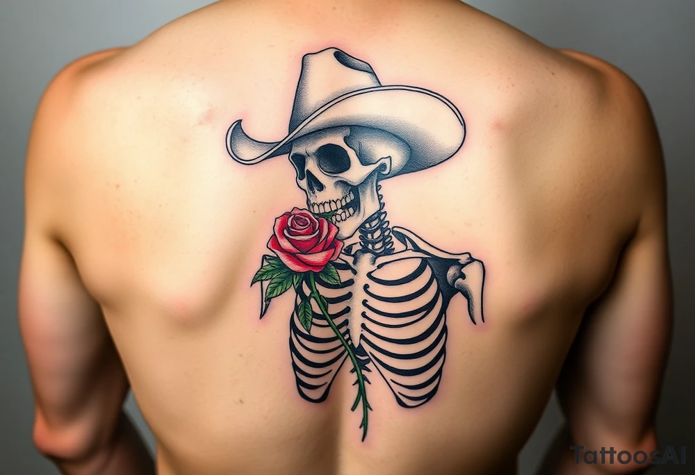 a full body skeleton cowboy with a rose in his mouth. tattoo idea