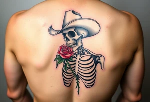 a full body skeleton cowboy with a rose in his mouth. tattoo idea