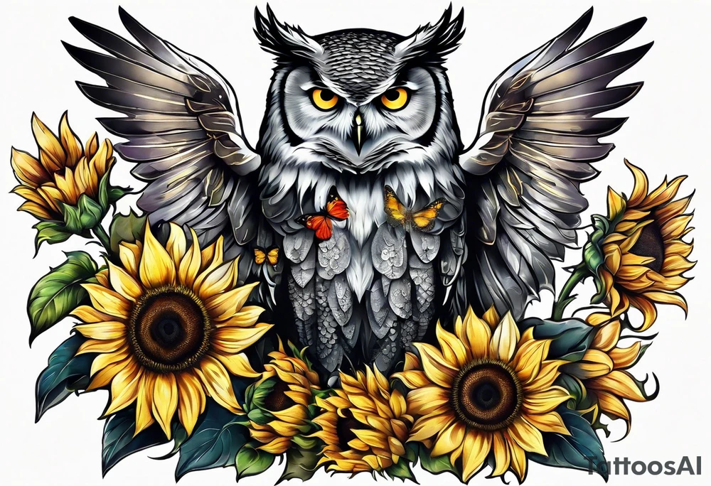 Arm sleeve with an owl surrounded by sunflowers with a butterfly on the sunflower tattoo idea
