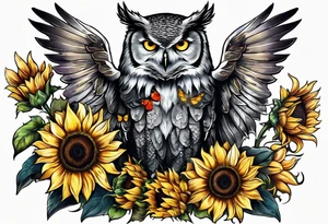 Arm sleeve with an owl surrounded by sunflowers with a butterfly on the sunflower tattoo idea