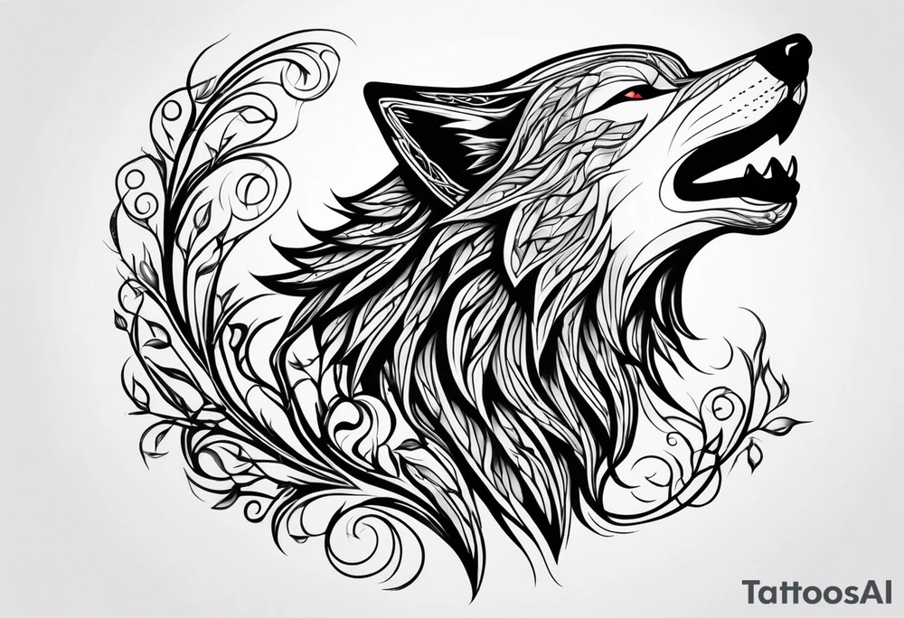 howling wolf head made from vines and leaves in Celtic style tattoo idea