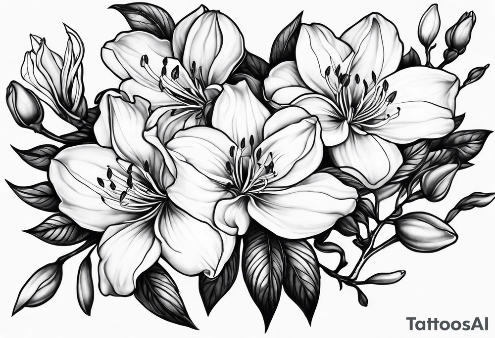 5-petal azaleas with buds along a long branch tattoo idea
