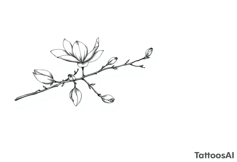 Magnolia branch long with different small half opened flowers, botanical details tattoo idea