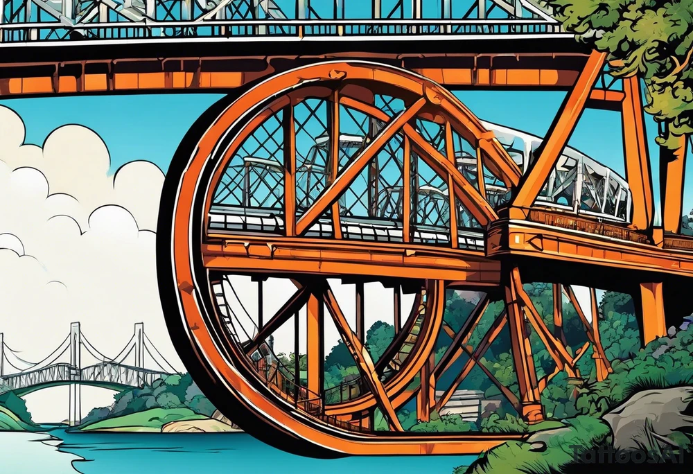 70's poster art, view from under cantilever bridge tattoo idea