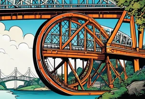 70's poster art, view from under cantilever bridge tattoo idea