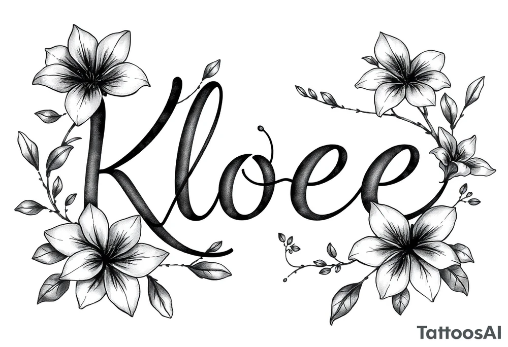 The word Kloee surrounded by lily flowers with the vine or stems in the letters tattoo idea