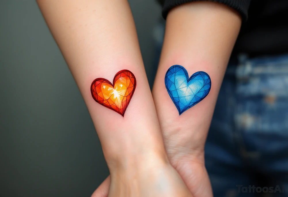 A fiery orange heart on one partner and a cool blue heart on the other, symbolizing passion and calm. tattoo idea