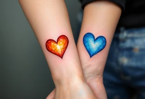 A fiery orange heart on one partner and a cool blue heart on the other, symbolizing passion and calm. tattoo idea