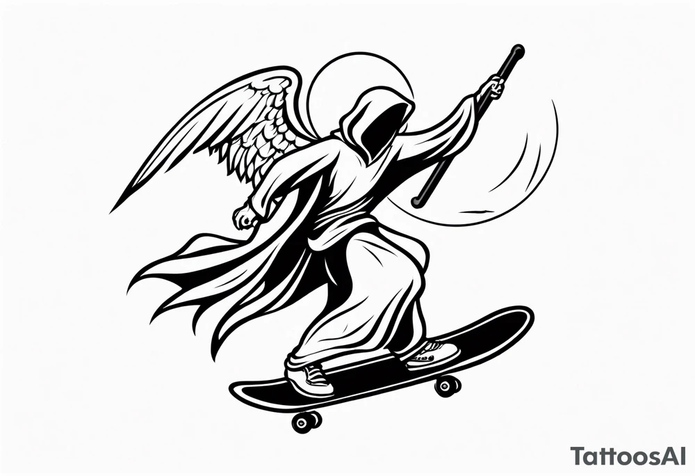 the grim reaper riding a skateboard with an angel halo above his head tattoo idea