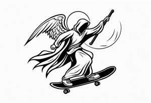 the grim reaper riding a skateboard with an angel halo above his head tattoo idea