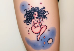 Curly haired Woman smoking while floating in outer space tattoo idea