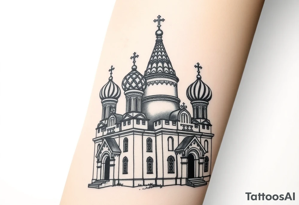 highly detailed Russian Orthodox cathedral with onion domes and orthodox crosses, done in fine line, engraving-like style. Cohesive composition, black ink only, no color, high contrast, slightly aged, documentary-style, plain light background. with clouds above it and a virgin mary over looking tattoo idea