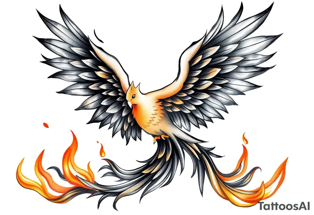 magnificent phoenix rising from golden flames with trailing embers tattoo idea