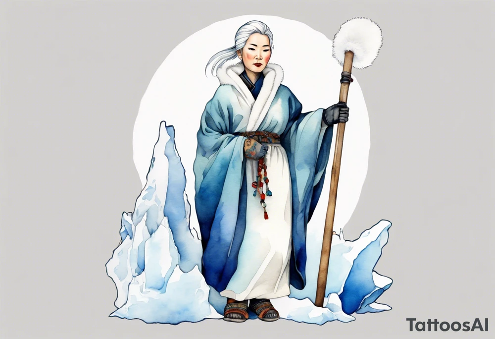 a 40 year old Inuit woman with white hair and a white robe and white mittens and blue mukluks holding a plain white staff, standing on an iceberg tattoo idea