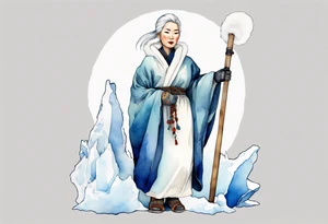 a 40 year old Inuit woman with white hair and a white robe and white mittens and blue mukluks holding a plain white staff, standing on an iceberg tattoo idea