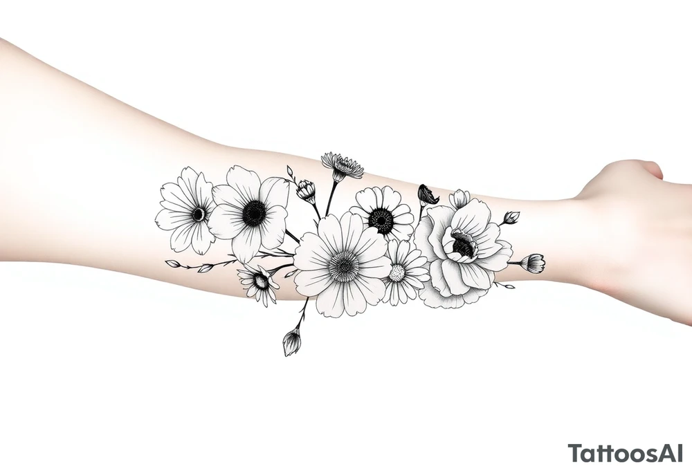 flower arrangment for arm, include two carnations, one violet, two daisies, one cosmos, and one peony tattoo idea