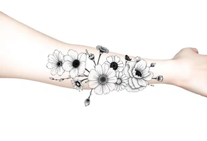 flower arrangment for arm, include two carnations, one violet, two daisies, one cosmos, and one peony tattoo idea