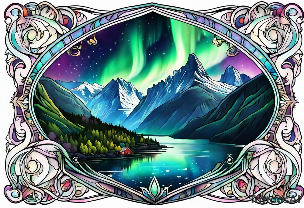 Norwegian fjord with aurora borealis tattoo idea