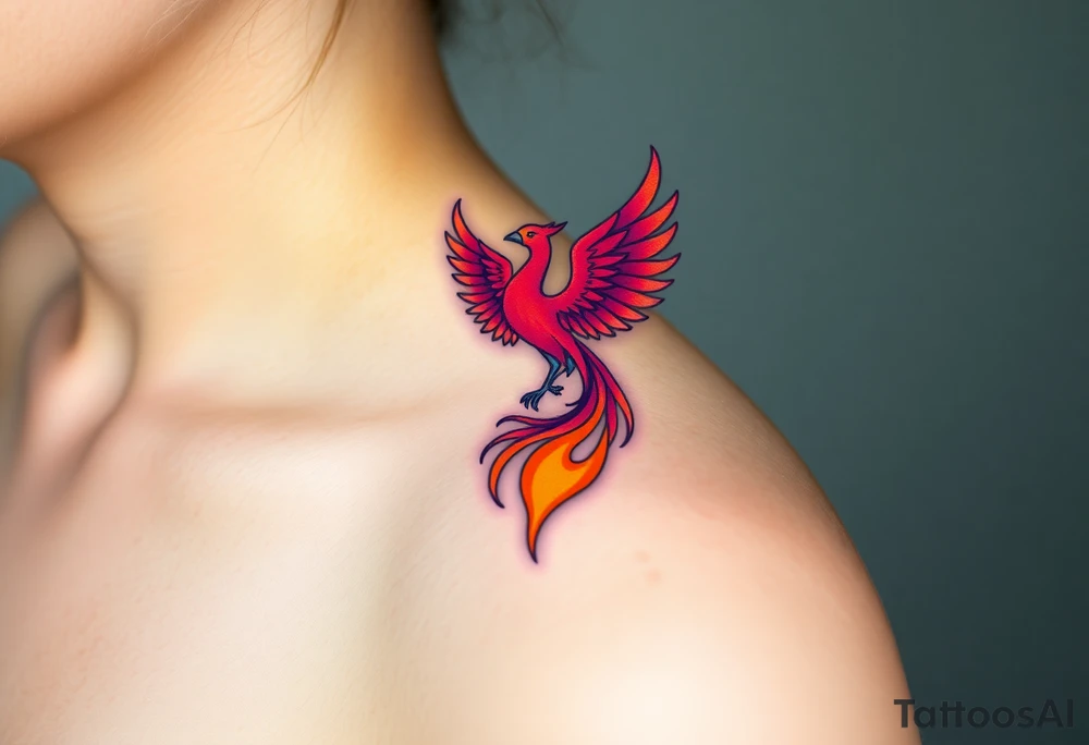 Square, phoenix rising from fire with both wings opened, colors red, pink, orange and purple. tattoo idea