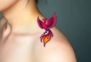 Square, phoenix rising from fire with both wings opened, colors red, pink, orange and purple. tattoo idea