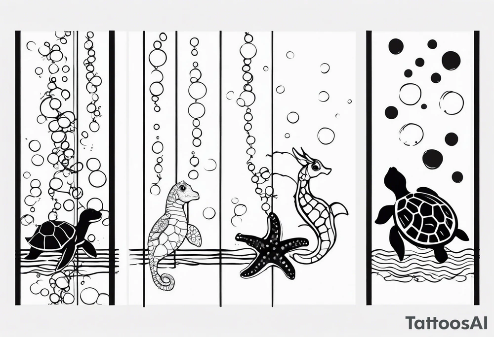 Small Starfish, Seahorse and turtle in a vertical line with bubbles tattoo idea Small Starfish, Seahorse and turtle in a vertical line with bubbles tattoo idea