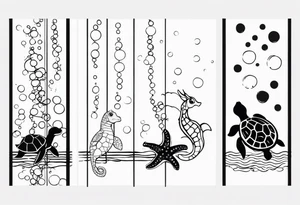 Small Starfish, Seahorse and turtle in a vertical line with bubbles tattoo idea