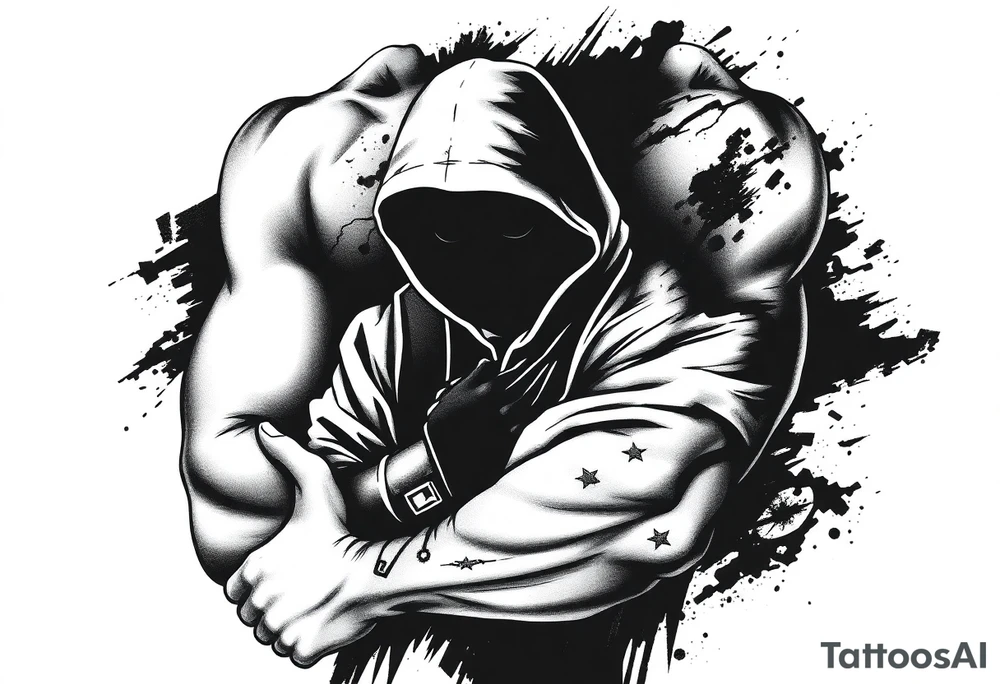 Minimalist covert operative symbolism representing loyalty and survival, faceless soldier silhouette emerging from darkness, torn fabric, subtle scars, controlled posture, black and grey realism, emotional restraint, understated strength, tattoo sleeve element. tattoo idea