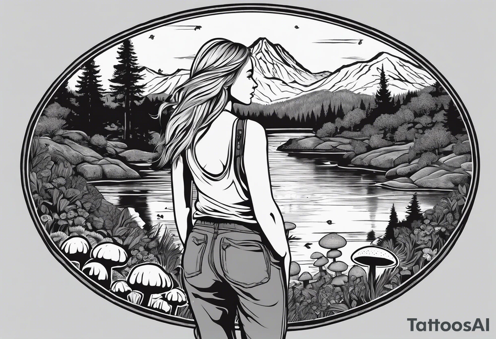 Whole picture encircled fully

Straight long blonde hair hippie girl in distance holding mushrooms in hand facing away toward mountains and creek surrounded by mushrooms tee shirt and hiking pants; whole rendering within a full circle, no cut off circle tattoo idea