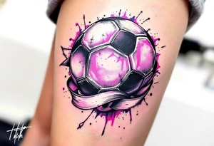 A pink and lavender soccer ball tied with a ribbon to represent youth soccer spirit. tattoo idea