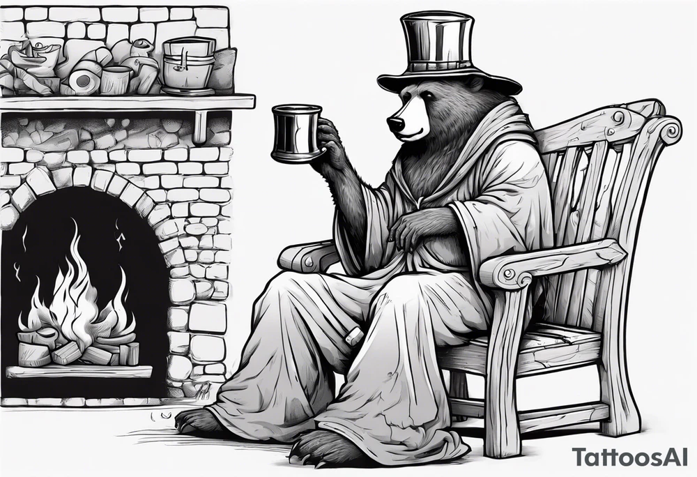 a medieval bear-human hybrid with a long grey beard wearing a tunic and a floppy hat sitting on a bench by a fireplace drinking from a wood cup tattoo idea