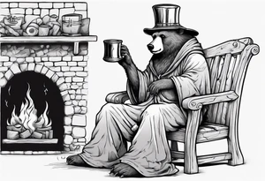 a medieval bear-human hybrid with a long grey beard wearing a tunic and a floppy hat sitting on a bench by a fireplace drinking from a wood cup tattoo idea