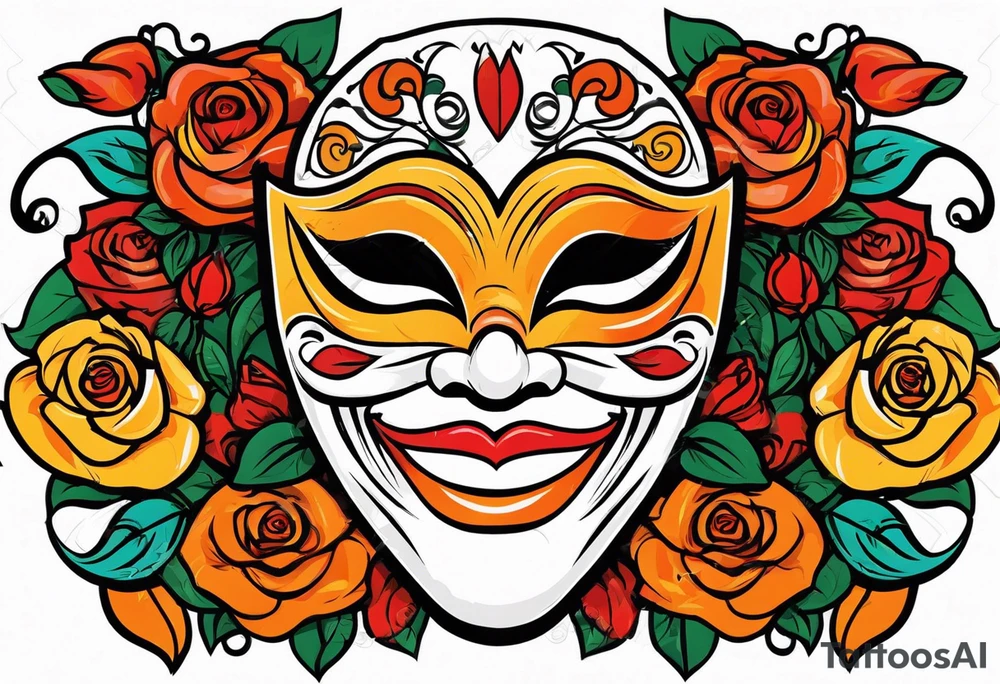 Laughing Male masquerade mask with orange and red roses tattoo idea