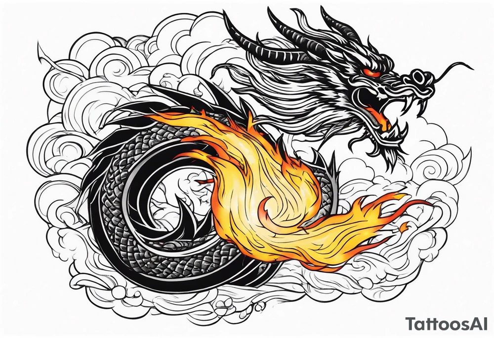chinese dragon blowing fire while flying through a thunderstorm tattoo idea