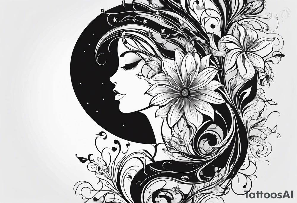 vertical and tall flower vine with shapes and the moon. Minimalist design tattoo idea