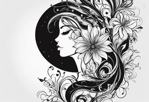 vertical and tall flower vine with shapes and the moon. Minimalist design tattoo idea
