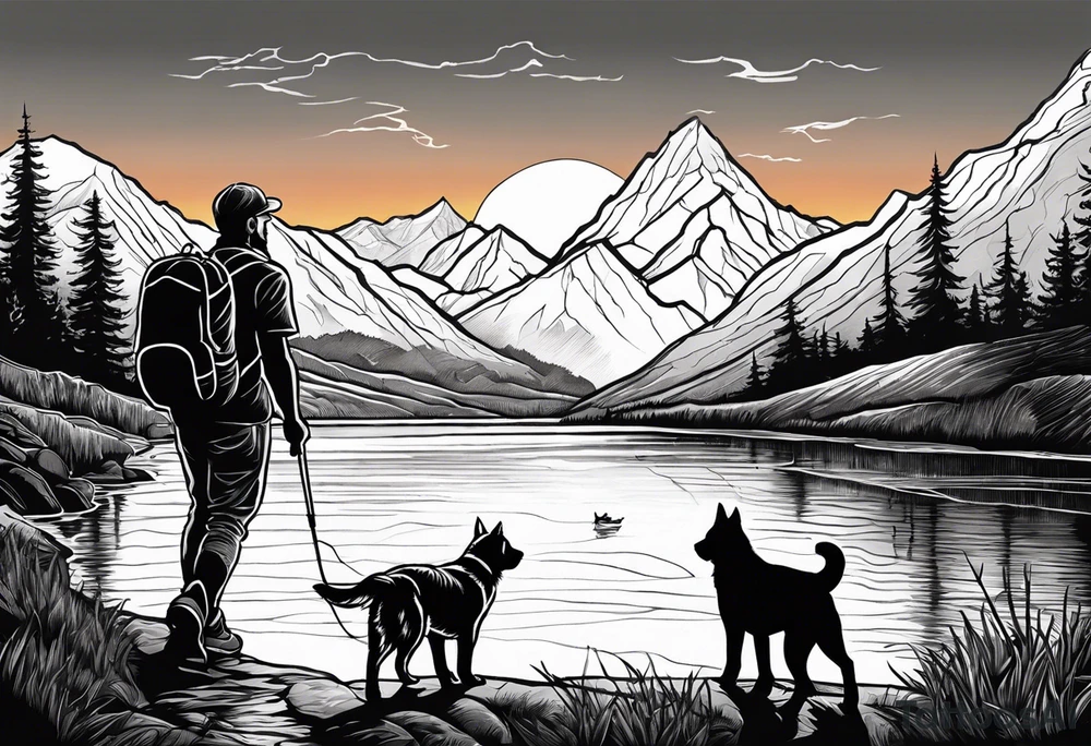 nature, sunset, mountains, a father and son hiking with their dog and cat by the water and a cross in the distance tattoo idea