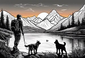nature, sunset, mountains, a father and son hiking with their dog and cat by the water and a cross in the distance tattoo idea