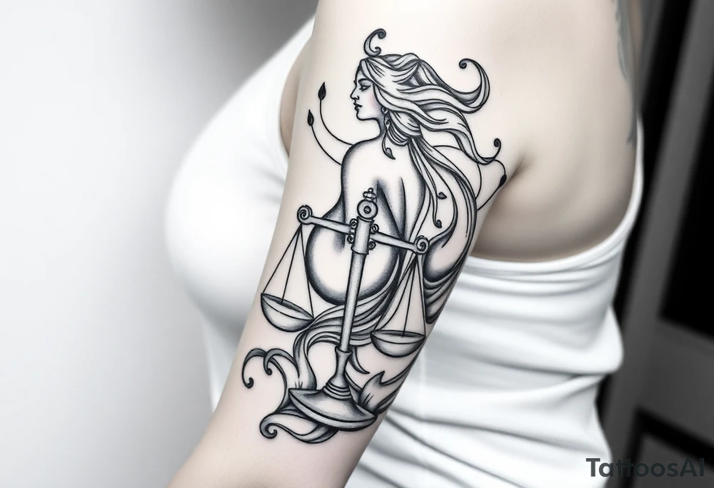 I want a tattoo that combines the Aquarius water bearer and the Libra scales. The water should flow elegantly from the jug, merging into or balancing the scales below. tattoo idea