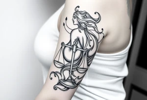 I want a tattoo that combines the Aquarius water bearer and the Libra scales. The water should flow elegantly from the jug, merging into or balancing the scales below. tattoo idea
