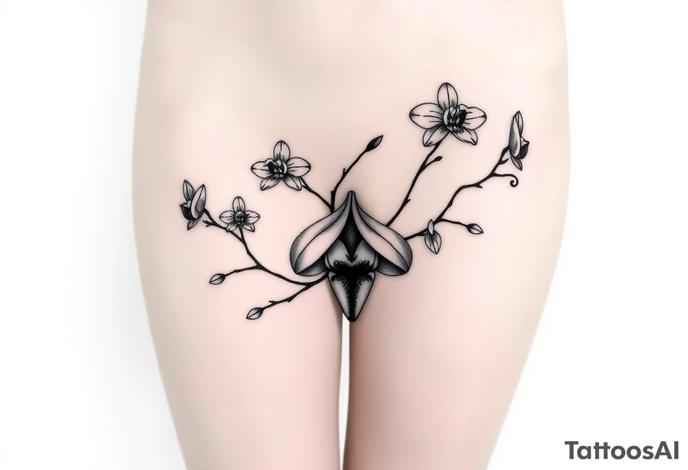 Five delicate fine line orchids different size realistic a mix with vagina female. Are connected with branches tattoo idea