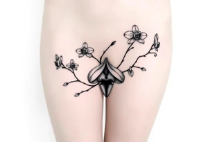 Five delicate fine line orchids different size realistic a mix with vagina female. Are connected with branches tattoo idea