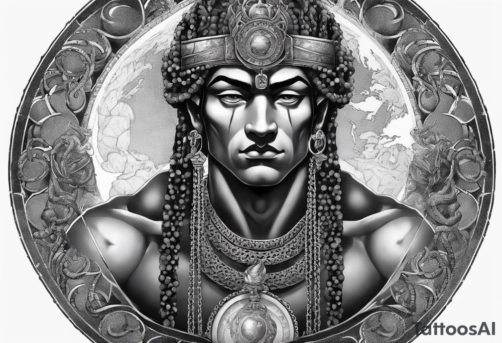 ancient god atlas ( young looking version ) surrounded by big chains and carrying the world top of his head tattoo idea