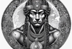 ancient god atlas ( young looking version ) surrounded by big chains and carrying the world top of his head tattoo idea