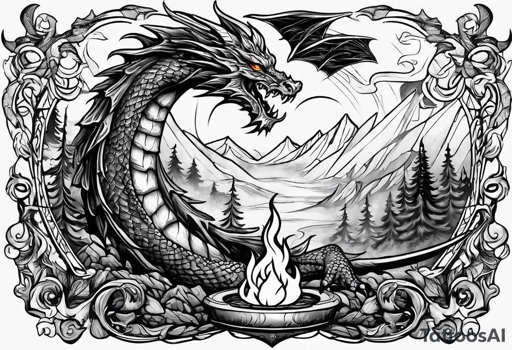 Campfire with a flame. The flame transforming into a dragon. Also the fire writes 'may death find you alive'. tattoo idea