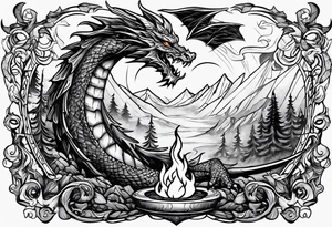 Campfire with a flame. The flame transforming into a dragon. Also the fire writes 'may death find you alive'. tattoo idea