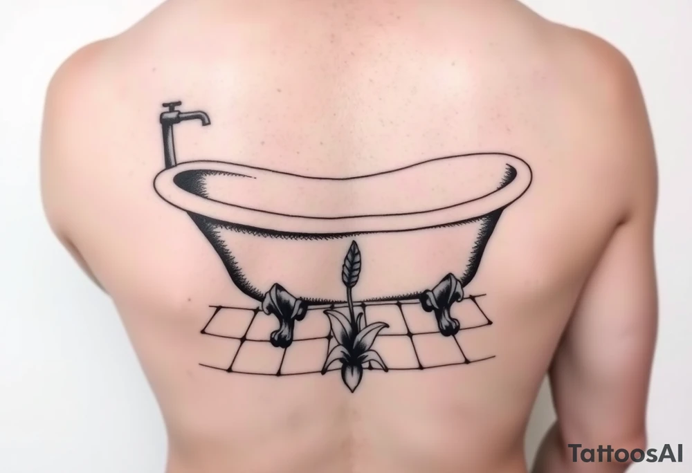 clawfoot bathtub with simple faucet and lily coming up out of the tile floor tattoo idea