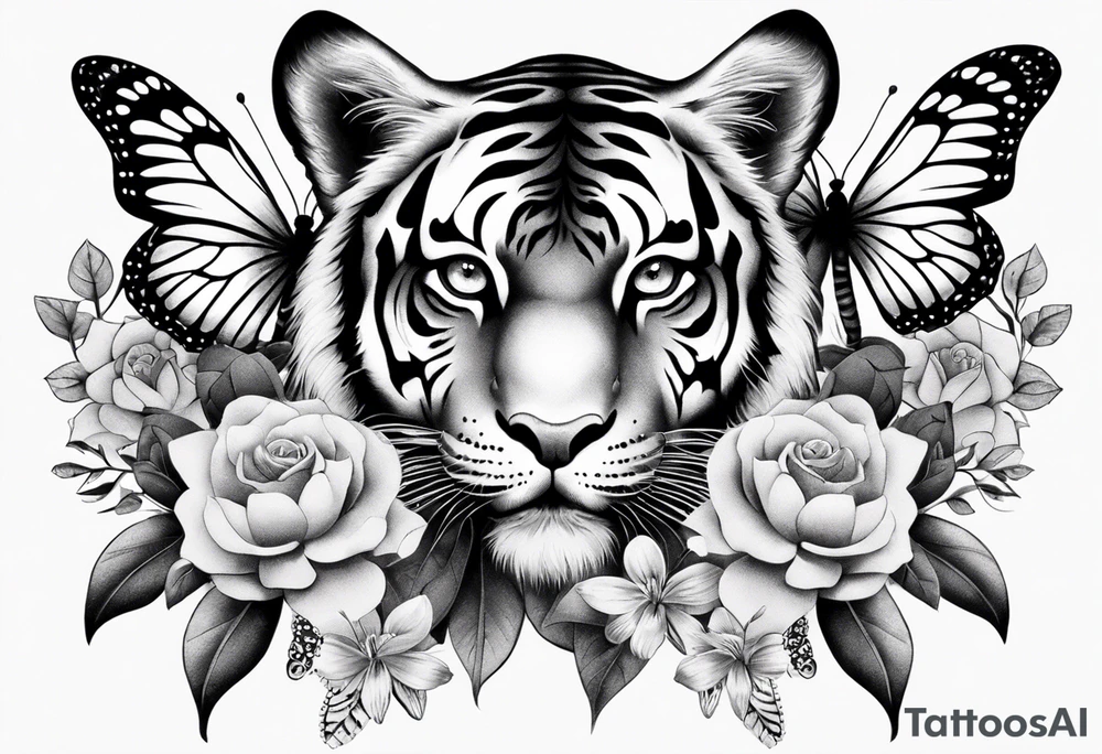 tiger, 3 butterflies, flowers for ladies thigh / hip shaded tattoo idea